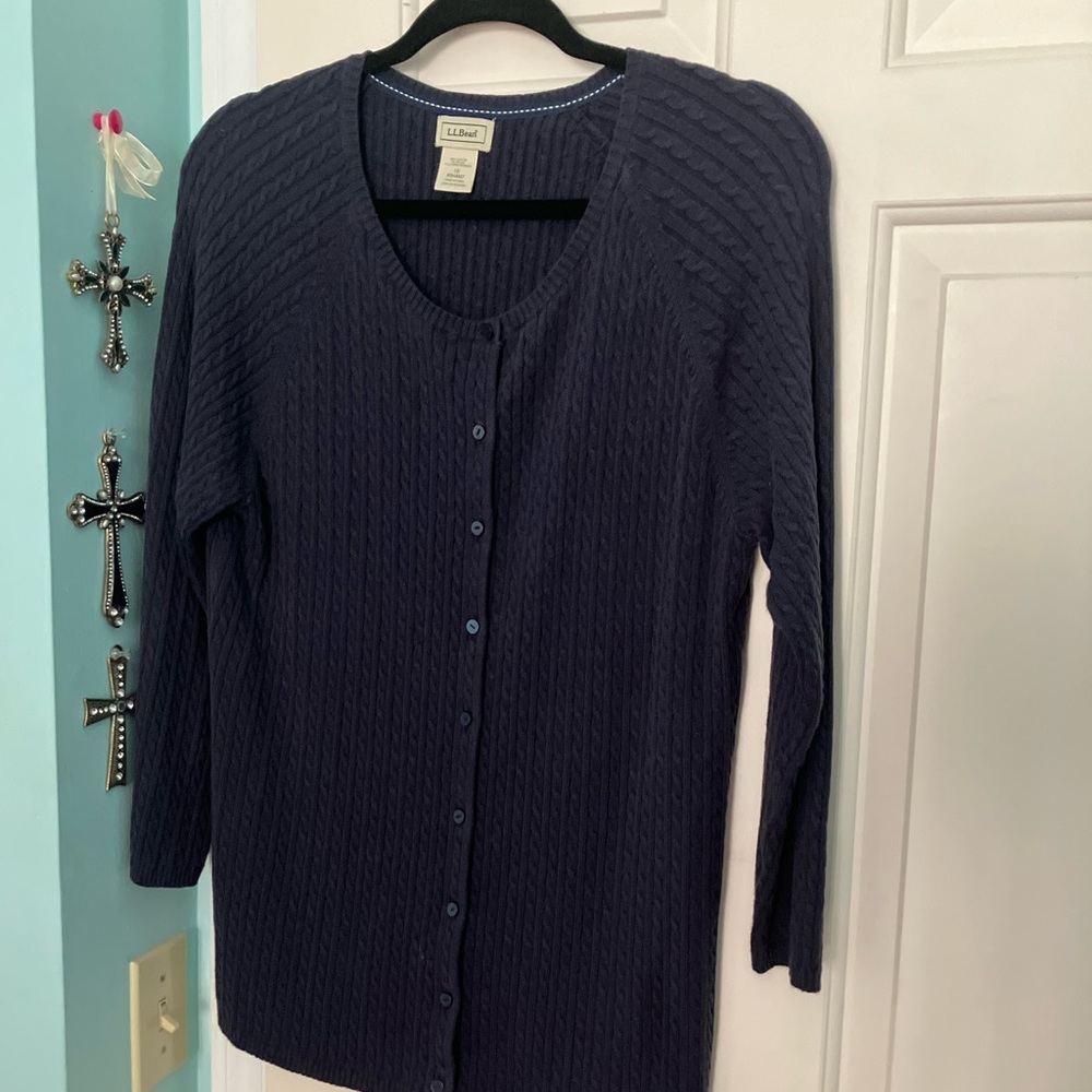 New! LLBean medium weight blue/navy color cable cardigan sweater.